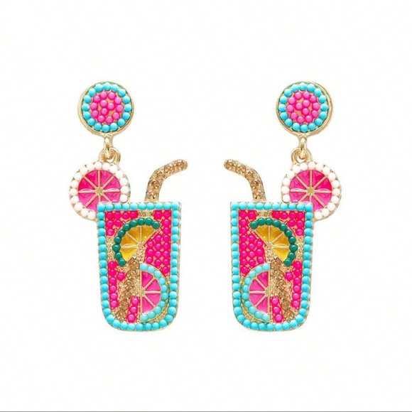 Jewelry - Handbeaded Tropical Drink Earrings - Pink